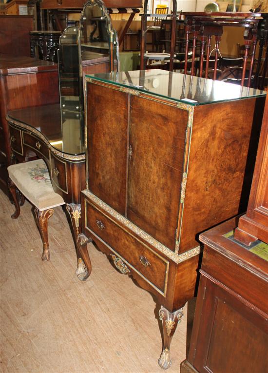 Walnut dressing table, stool and cupboard